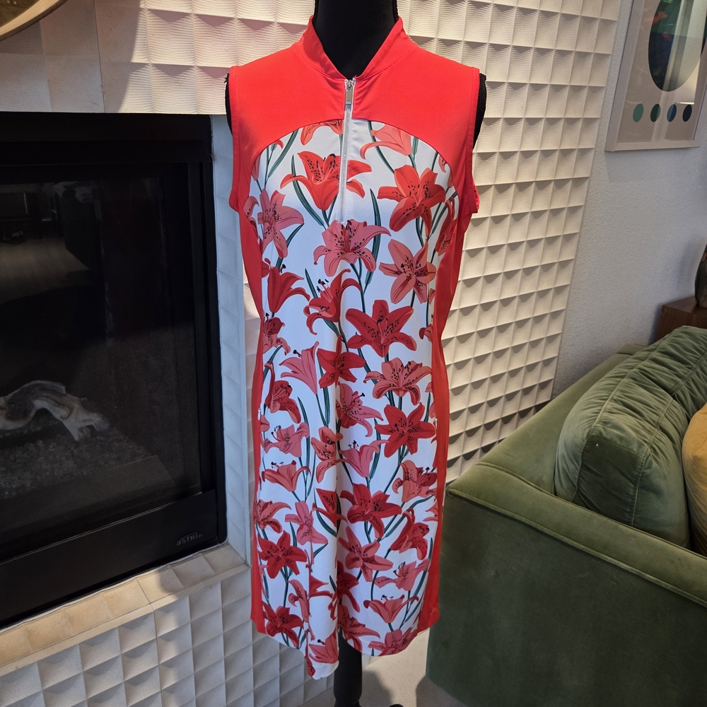 Tail Sleeveless Red Floral Zip Front Golf Tennis Dress, Size M - Vacation Ready!